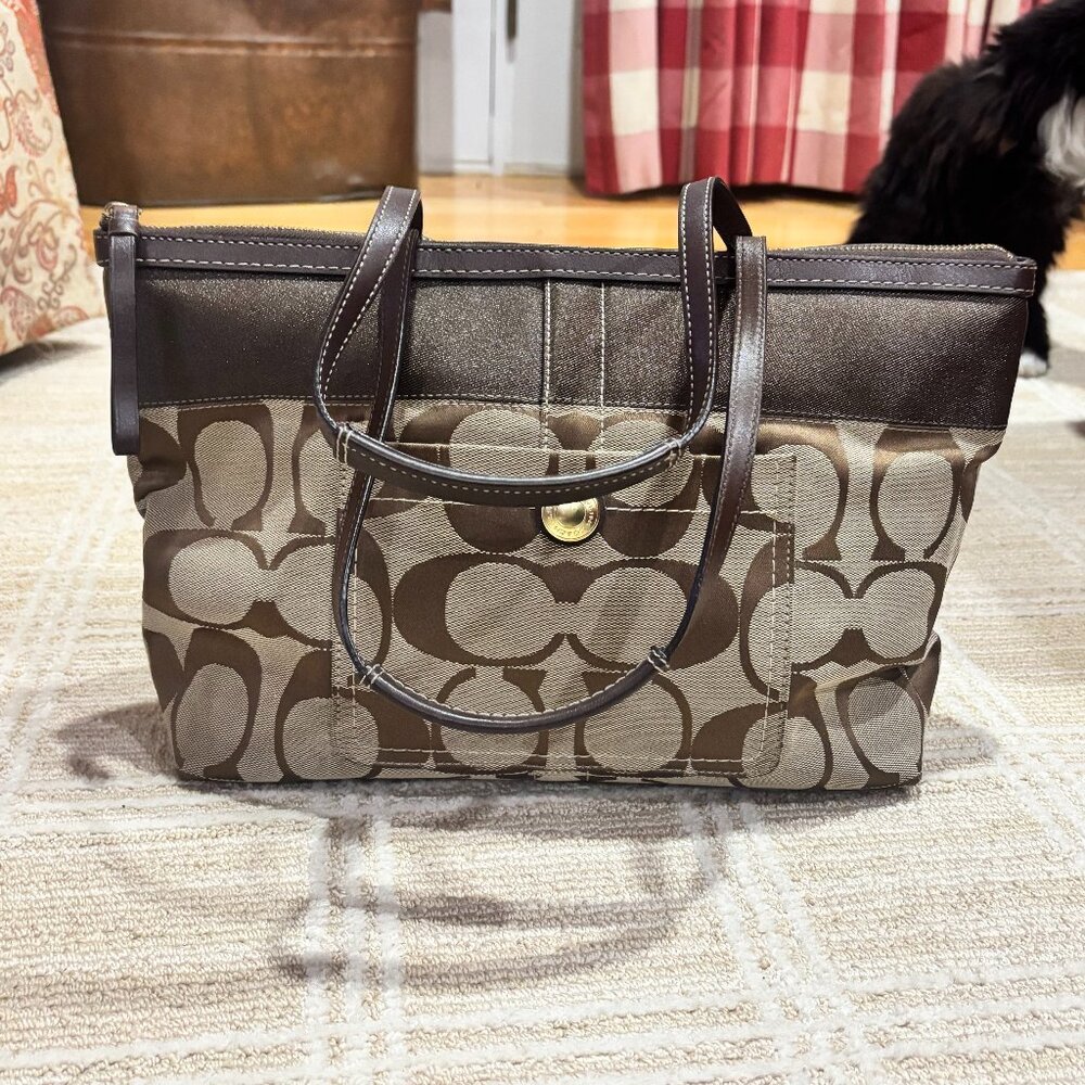 Like New - Coach Brown Signature Tote Bag with Front Pocket